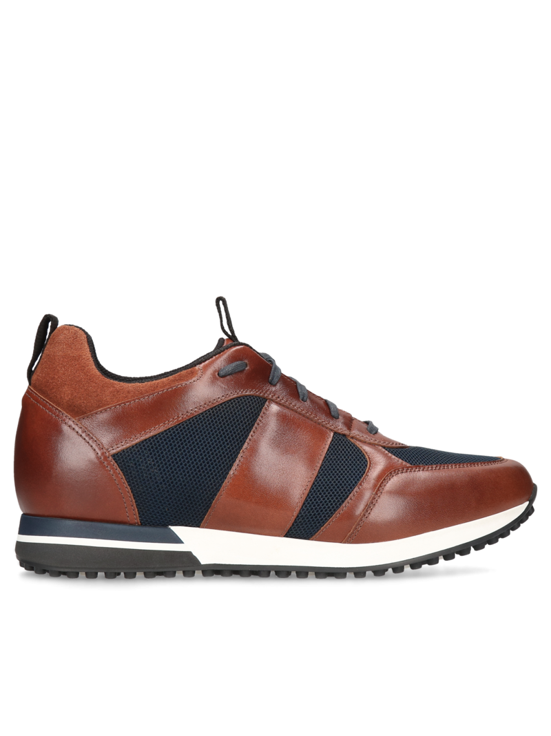 Brown and navy blue, sporty elevator shoes, natural grain leather sneakers, Conhpol Dynamic, Konopka Shoes