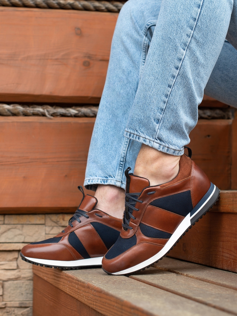 Brown and navy blue, sporty elevator shoes, natural grain leather sneakers, Conhpol Dynamic, Konopka Shoes