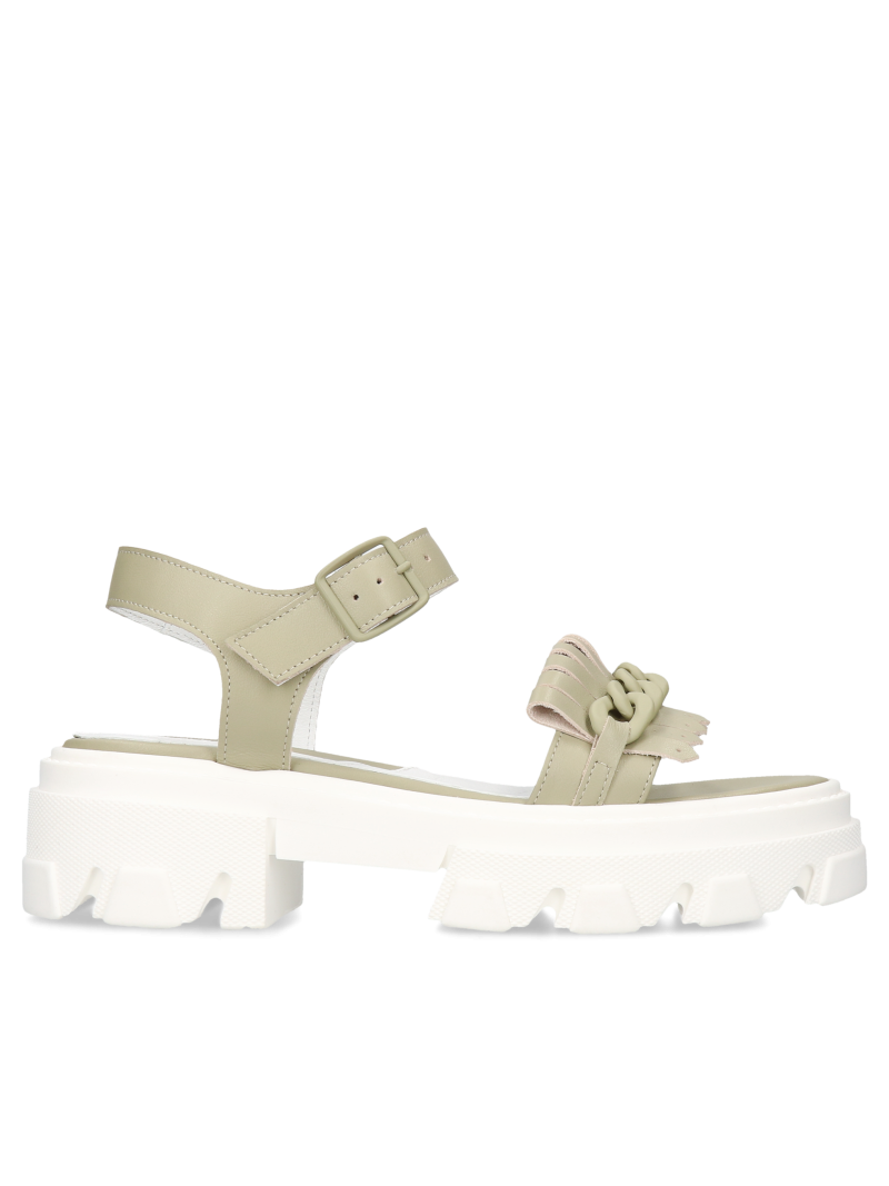 Green and white leather sandals for women on a thick sole, Conhpol Bis - Polish production, BI5748-01, Konopka Shoes