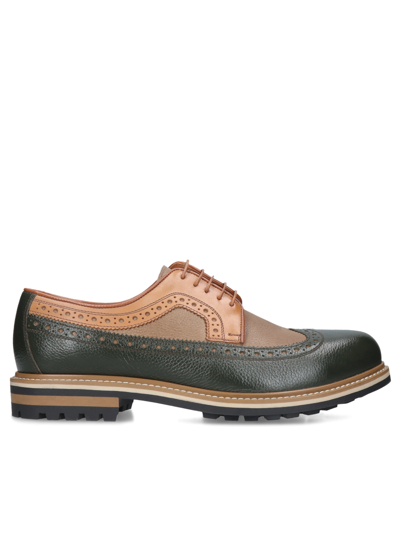 Fine men's casual shoes with brogue embellishments in natural leather, Green derby Olivier II, Conhpol, CE6184-02, Konopka Shoes