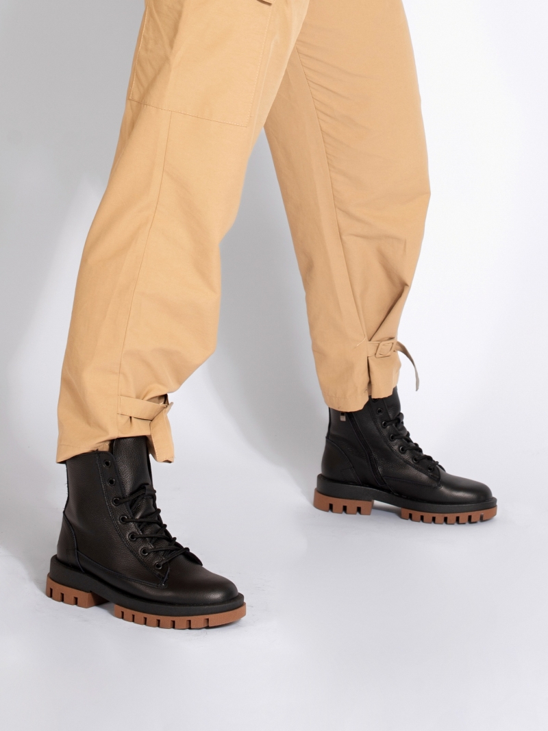 Women's black boots Kari in natural grain leather, Kampa - Polish production, Biker & worker boots, KK0010-02, Konopka Shoes