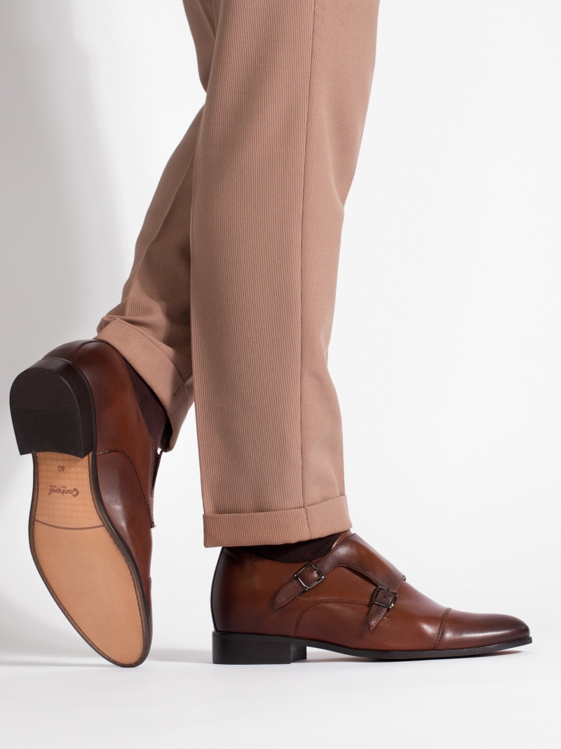 Brown elegant elevator shoes, Monk shoes, Conhpol - Polish production, CH6177-01, Konopka Shoes