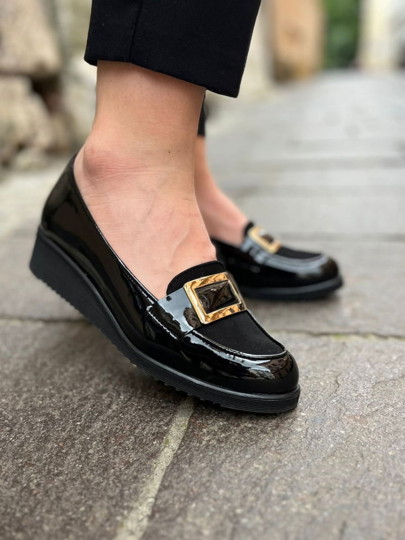 Black, patent leather loafers shoes Emma, Conhpol Relax - polish production, RE2763-01, Loafers and moccasins, Konopka Shoes