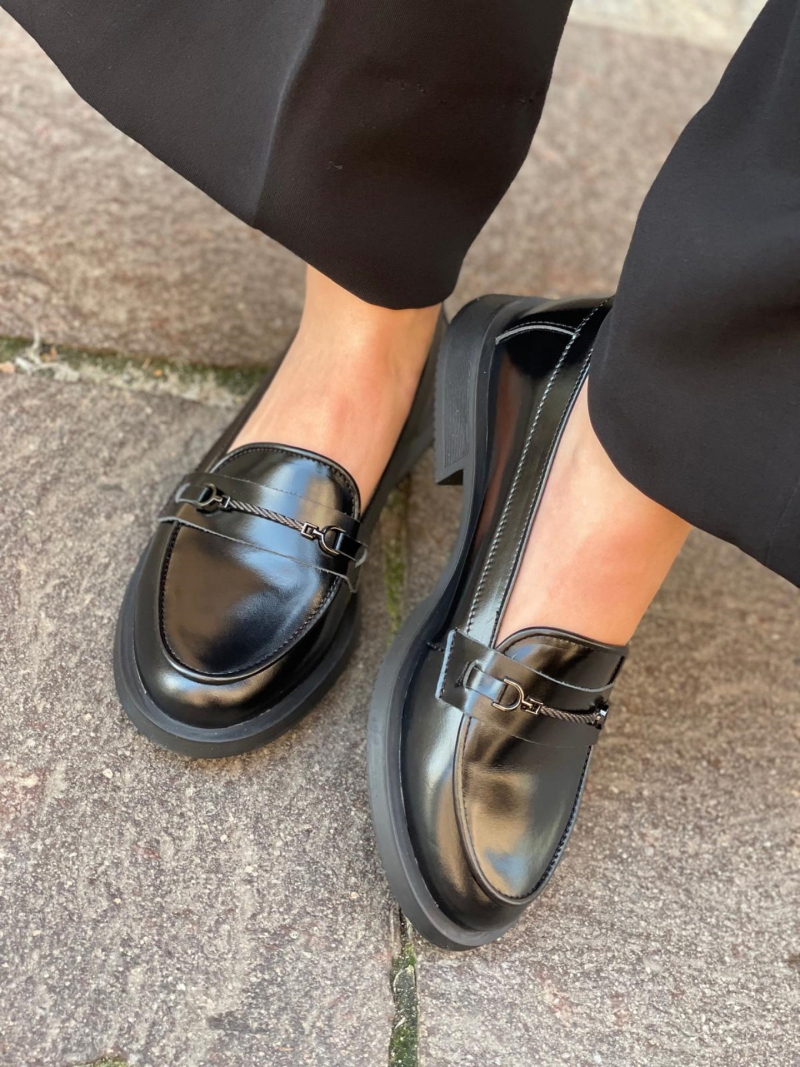 Women's moccasins, full grain leather loafers, black half shoes with embellishment, Konopka Shoes