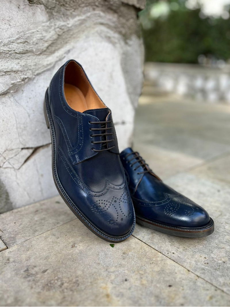 Men's navy blue half shoes, classic brogues, grain leather , Conhpol, Konopka Shoes