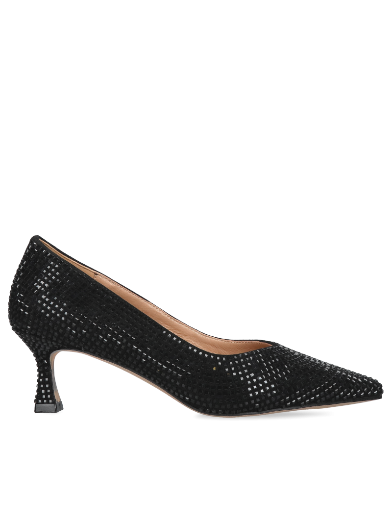 Suede leather pumps, black women's shoes embellished with crystals, Alma en Pena, Konopka Shoes