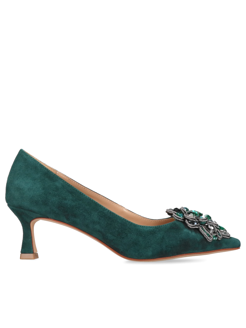 Suede leather pumps, green stilettos with low heel, Alma en Pena, Konopka Shoes