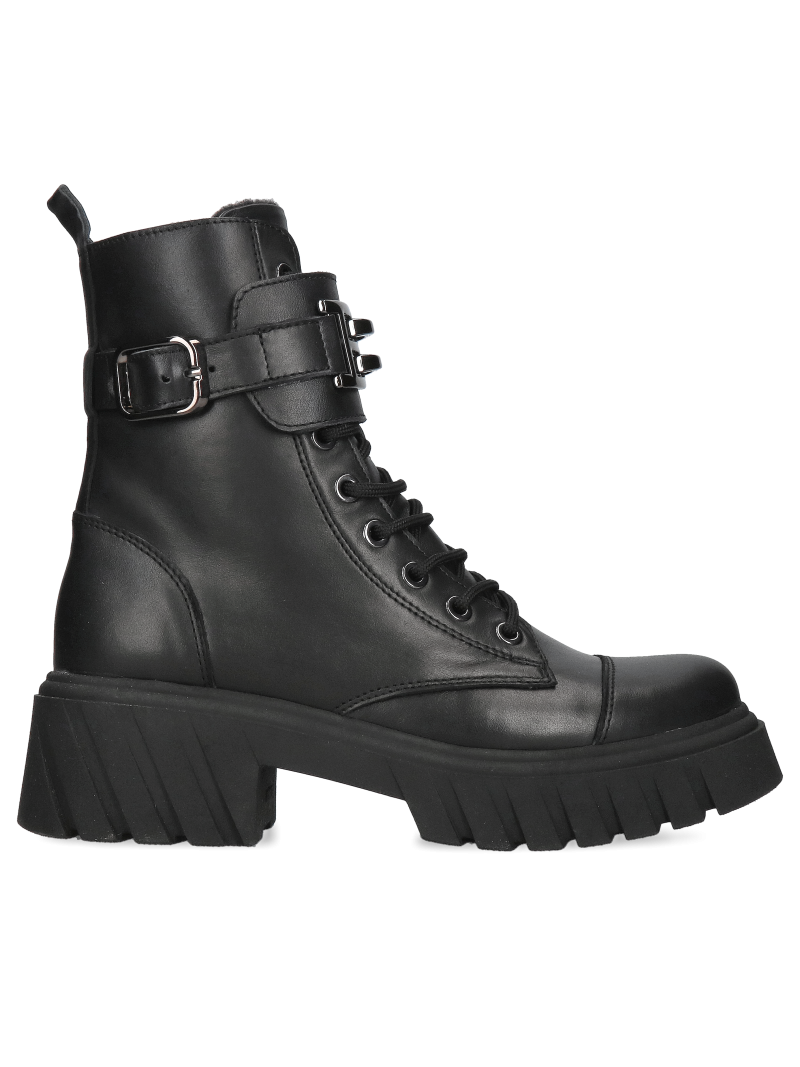 Women's black boots, full grain leather boots, insulated workers with embellishment, Konopka Shoes