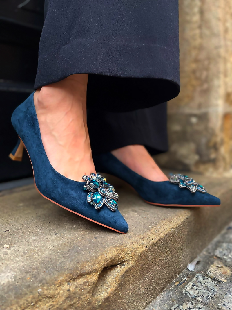 Suede leather pumps, navy blue stilettos with low heel, Alma en Pena, Konopka Shoes