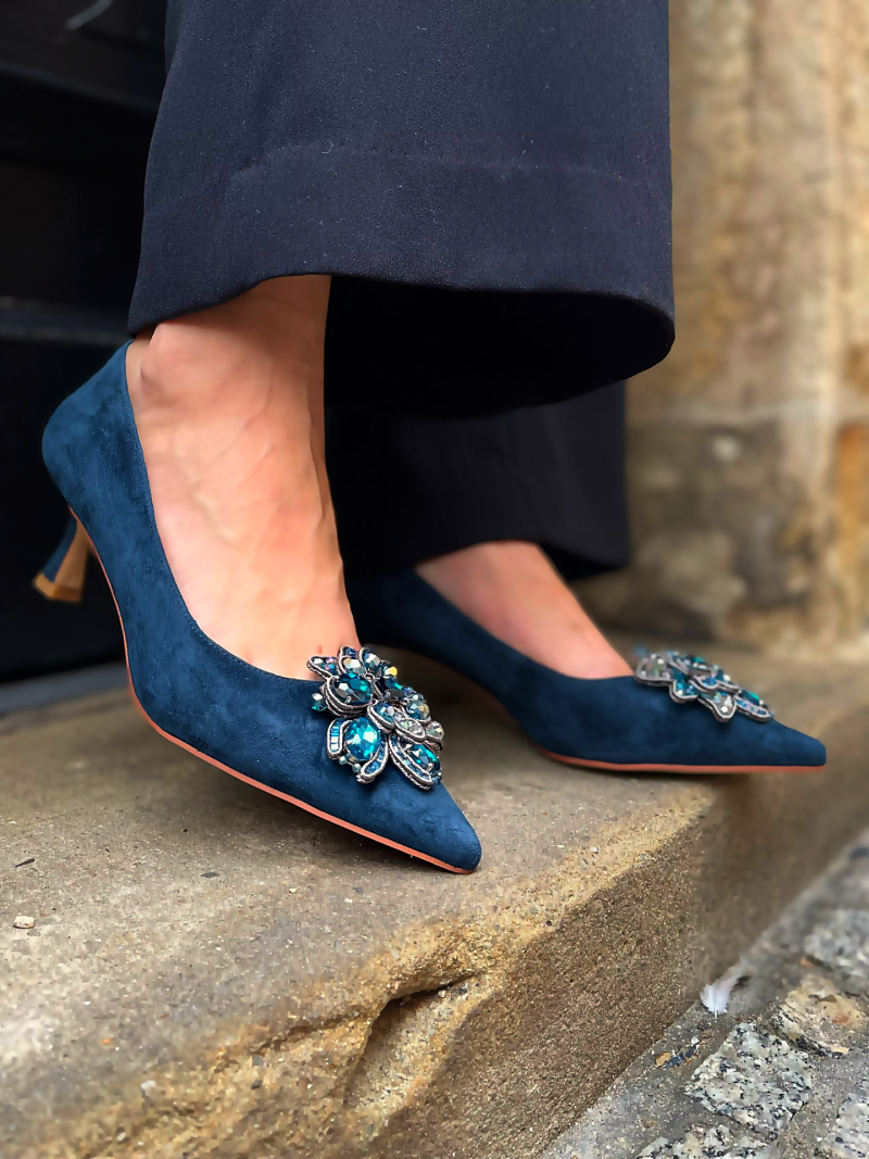 Suede leather pumps, navy blue stilettos with low heel, Alma en Pena, Konopka Shoes