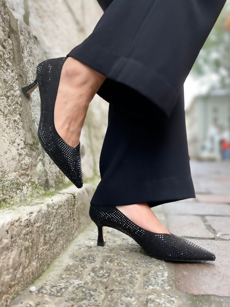 Suede leather pumps, black women's shoes embellished with crystals, Alma en Pena, Konopka Shoes