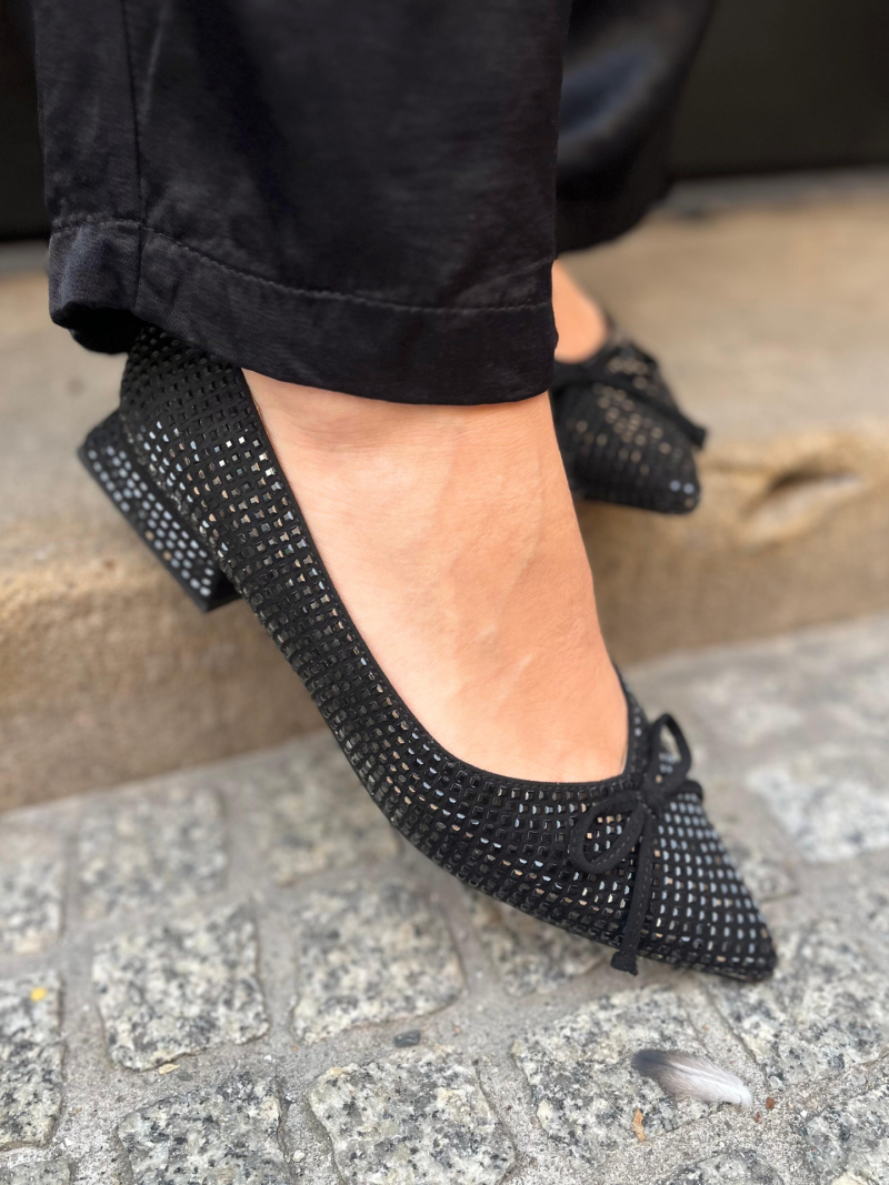 Suede leather ballerinas, black women's shoes embellished with crystals, Alma en Pena, Konopka Shoes