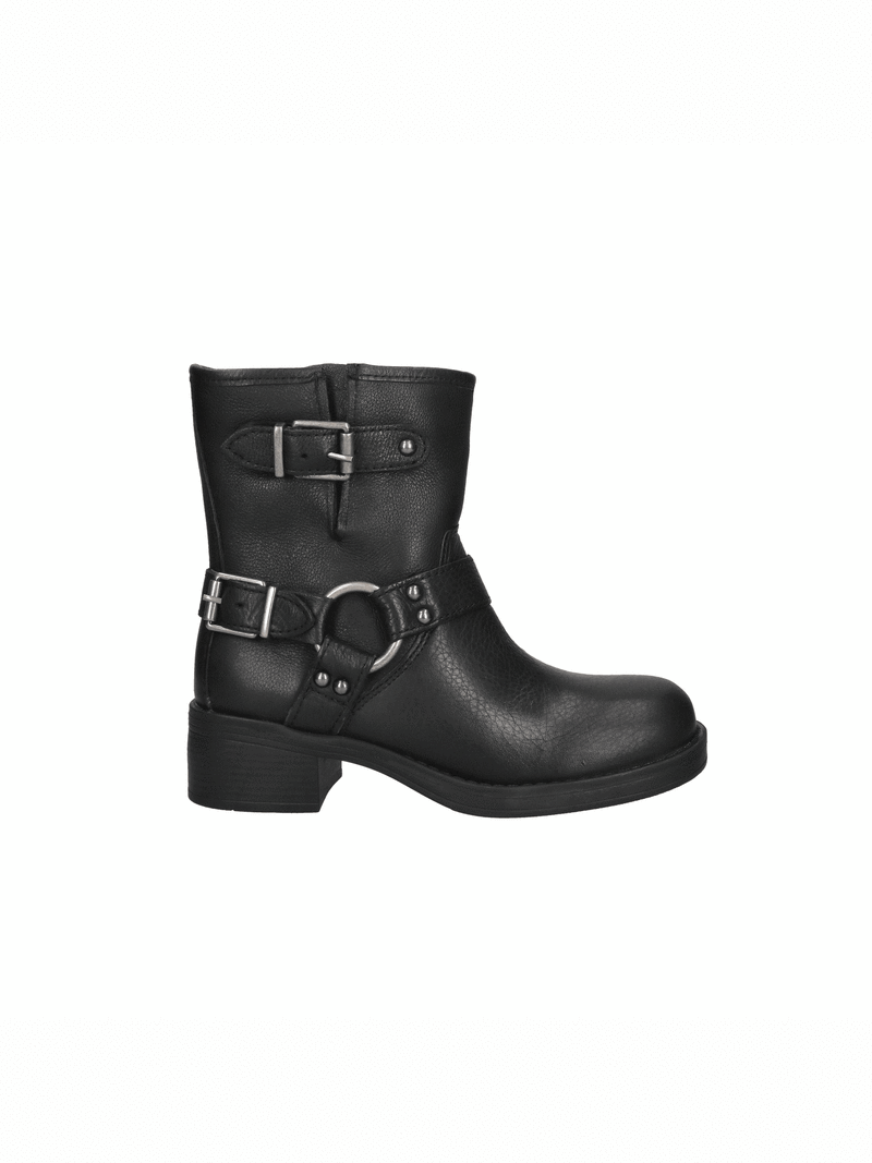 Women's insulated black leather boots with decorative buckles, Konopka Shoes