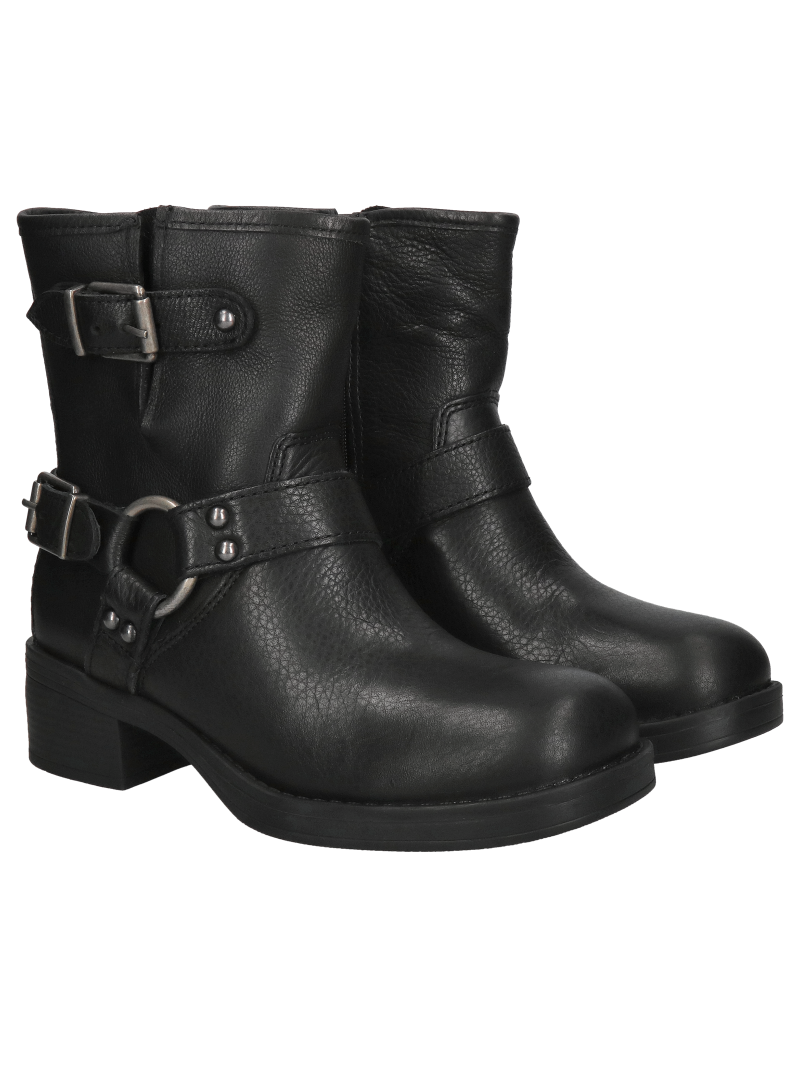 Women's insulated black leather boots with decorative buckles, Konopka Shoes
