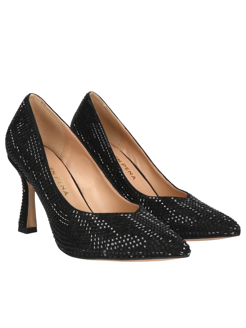 Suede leather pumps, women's black heels with crystals, Alma en Pena, Konopka Shoes