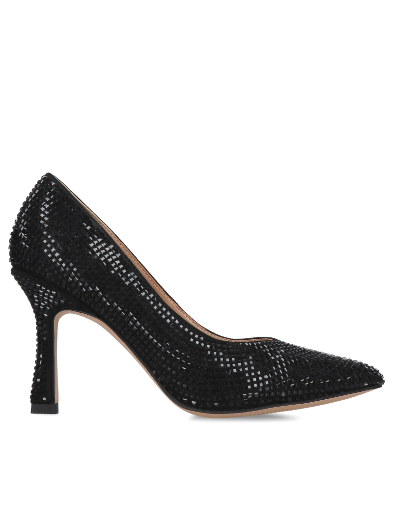 Suede leather pumps, women's black heels with crystals, Alma en Pena, Konopka Shoes