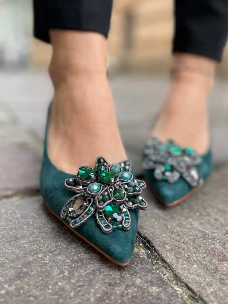 Suede leather pumps, green stilettos with low heel, Alma en Pena, Konopka Shoes