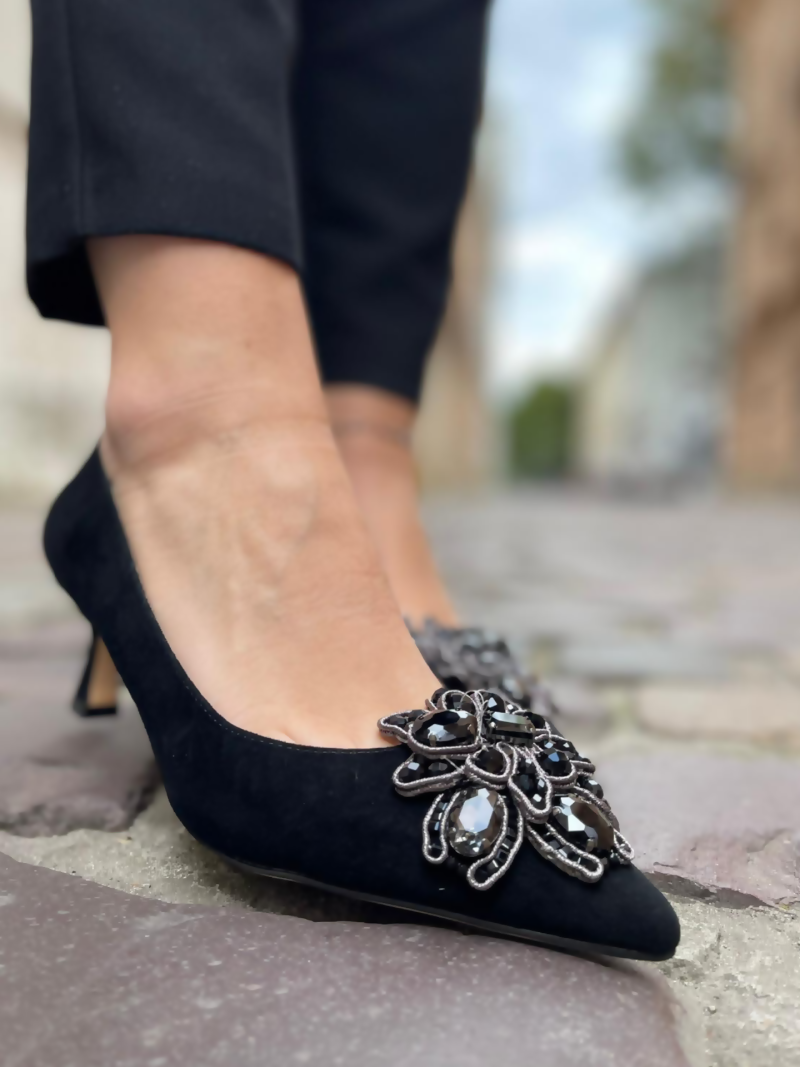 Suede leather pumps, black stilettos with low heel, Alma en Pena, Konopka Shoes