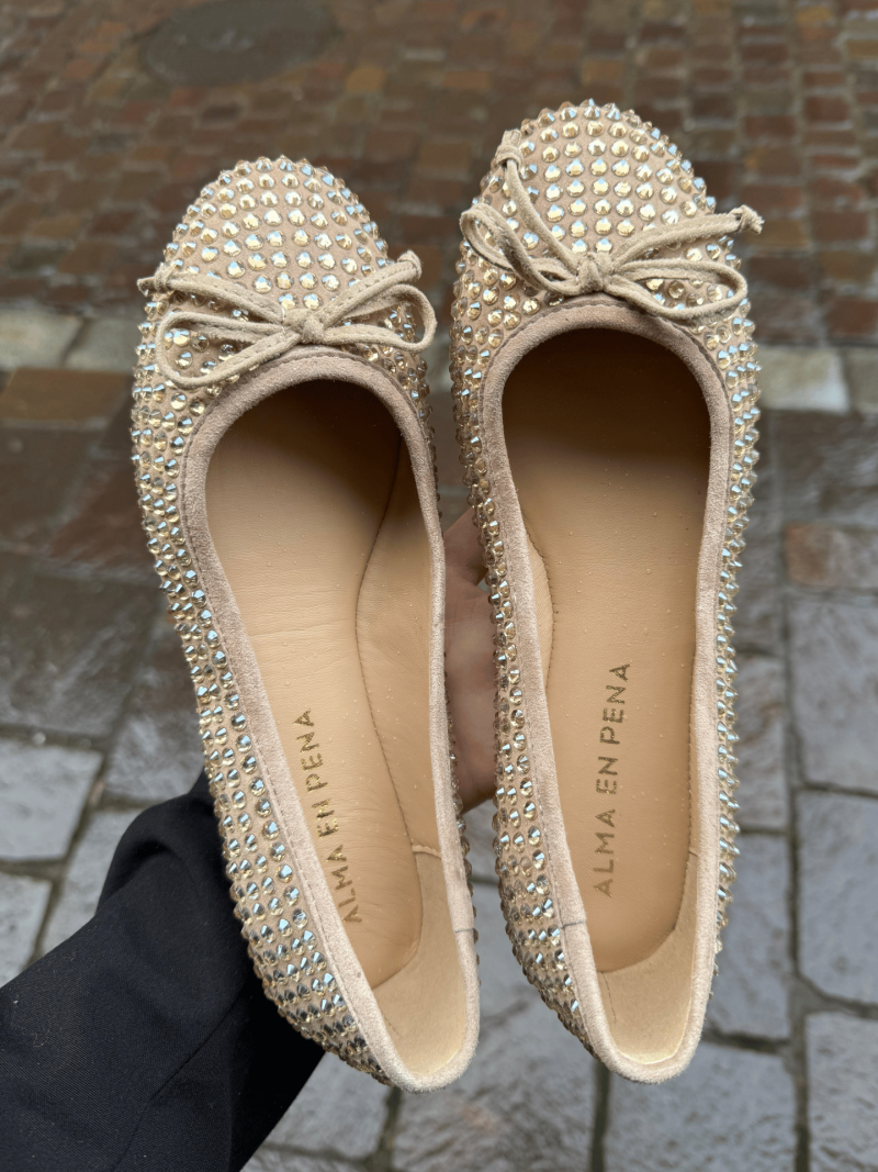 Suede leather ballerinas, gold women's shoes embellished with crystals, Alma en Pena, Konopka Shoes