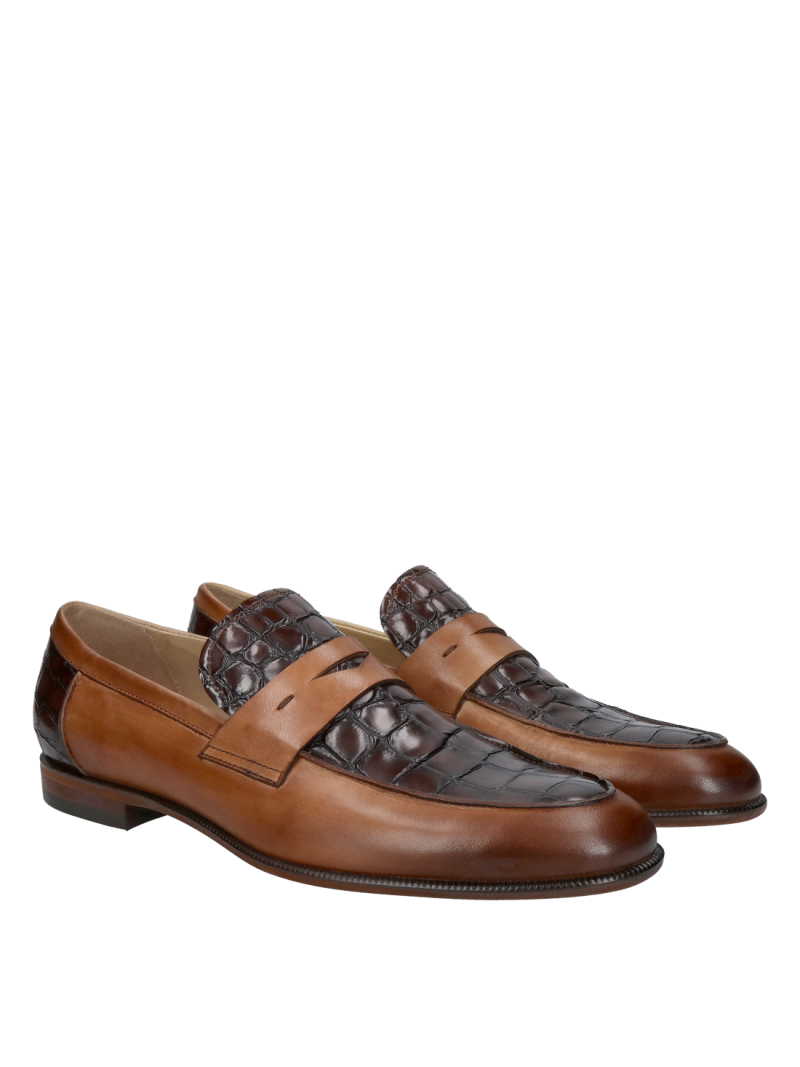 Brown men's loafers with imitation crocodile leather - elegant moccasins, Conhpol, Konopka Shoes