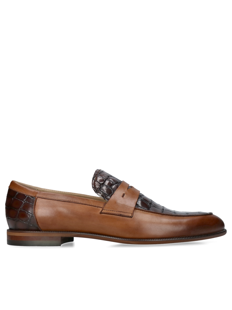 Brown men's loafers with imitation crocodile leather - elegant moccasins, Conhpol, Konopka Shoes