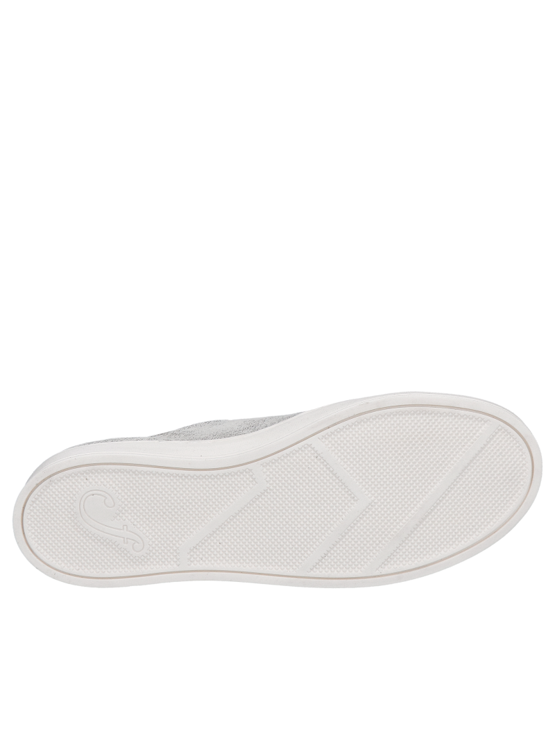 Silver women's sneakers on a white sole, natural leather