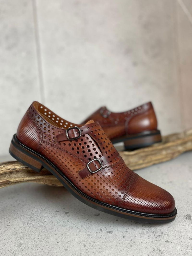 Original brown monks, hand-painted leather shoes with perforations