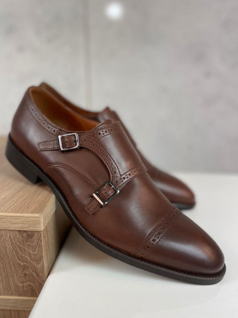 Brown men's monks, elegant shoes made of natural leather