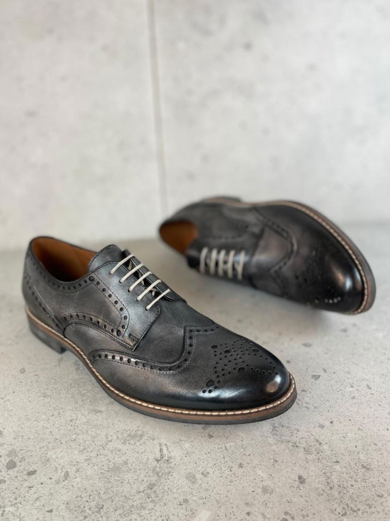Men's grey Brogs casual shoes made of natural grain leather, Conhpol, Konopka Shoes Men's grey Brogs casual shoes made of natural grain leather, Conhpol, Konopka Shoes