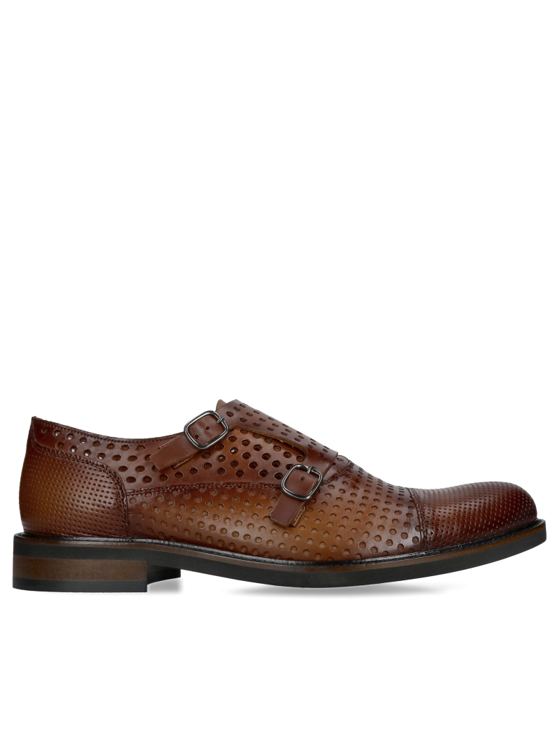 Original brown monks, hand-painted leather shoes with perforations