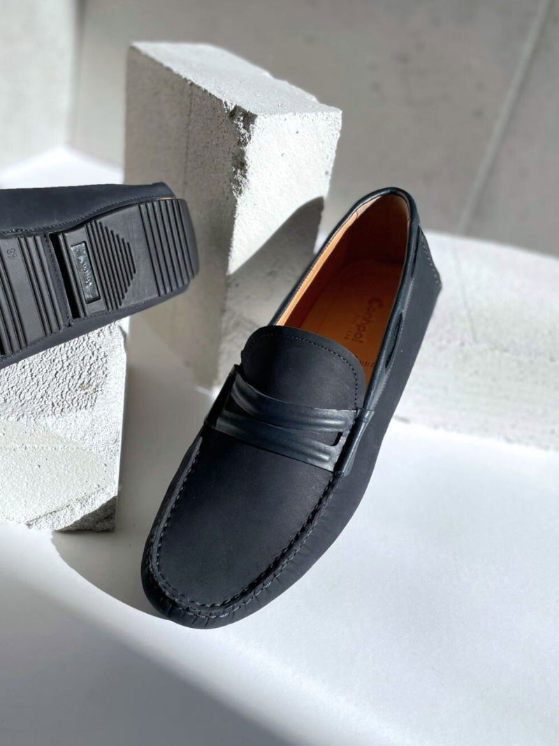 Navy blue men's leather shoes - the original style of moccasins