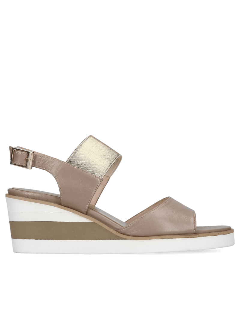 Women's sandals on a platform beige, natural leather, Polish production