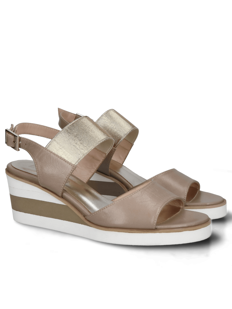Women's sandals on a platform beige, natural leather, Polish production