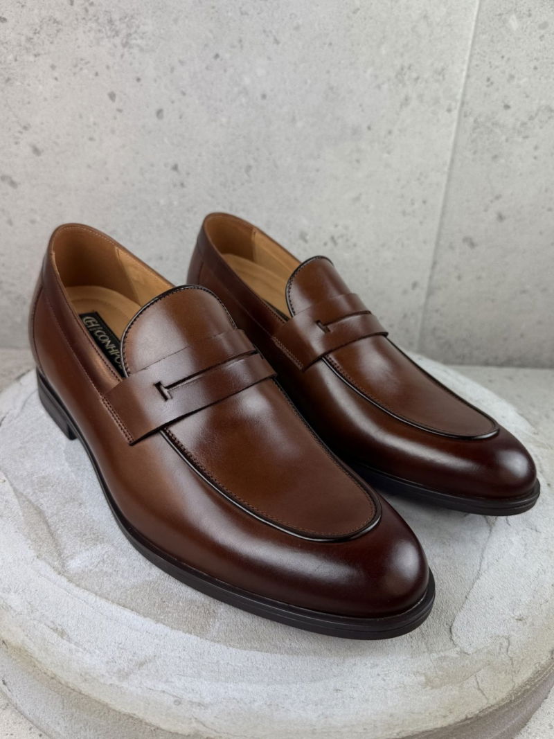 Premium heightening shoes: +7cm, leather, brown, slip-on shoes, Polish Quality