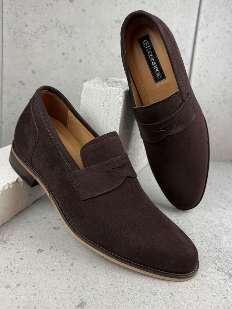 Polish elegance , slip-on shoes raising height + 7 cm , leather, fashionable brown