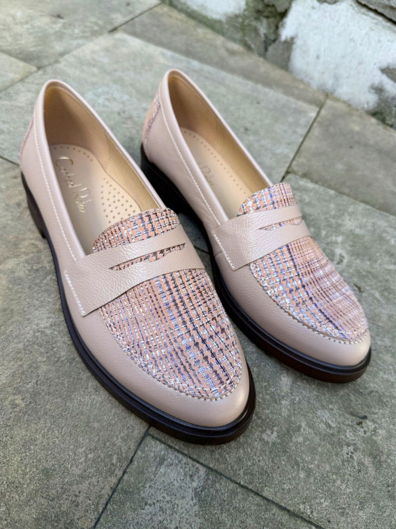 Women's checkered loafers - natural leather, top quality