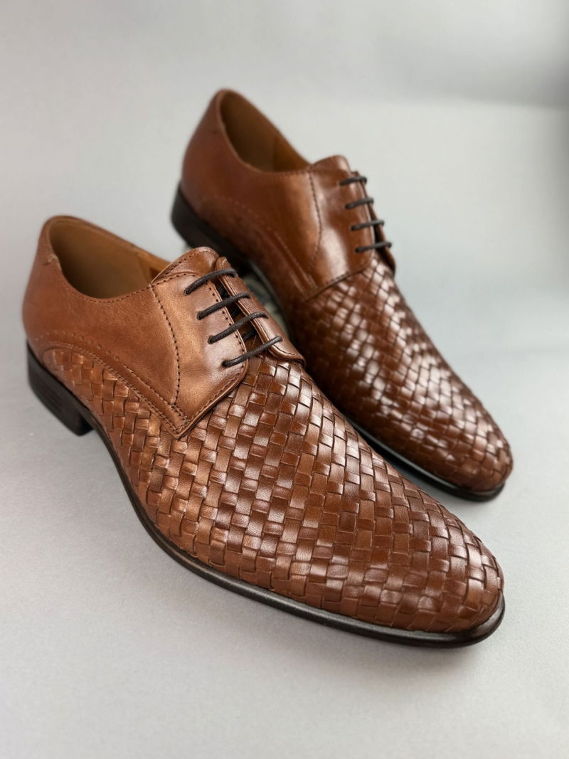 Men's shoes original, hand braided leather, elegant men's shoes brown, Polish leather footwear manufacturer Conhpol