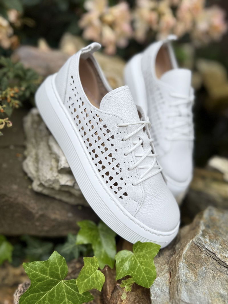 White women's sneakers with thick soles, comfortable with soft insoles, Polish manufacturer TANEX, Konopka Shoes