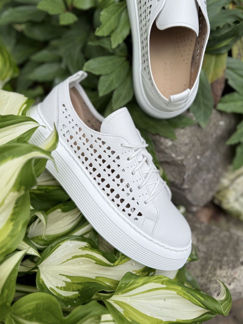 White women's sneakers with thick soles, comfortable with soft insoles, Polish manufacturer TANEX, Konopka Shoes