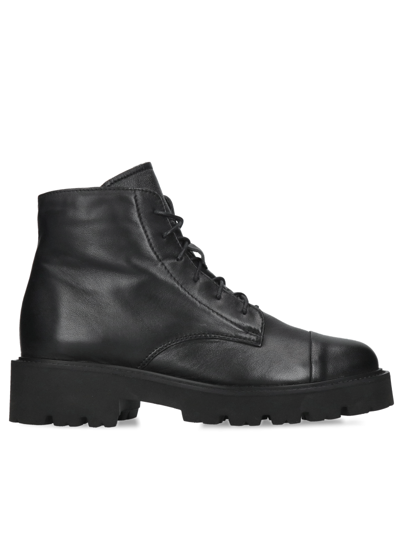 Women's boots made of black natural grain leather from a Polish manufacturer, low lacing on a lightweight sole
