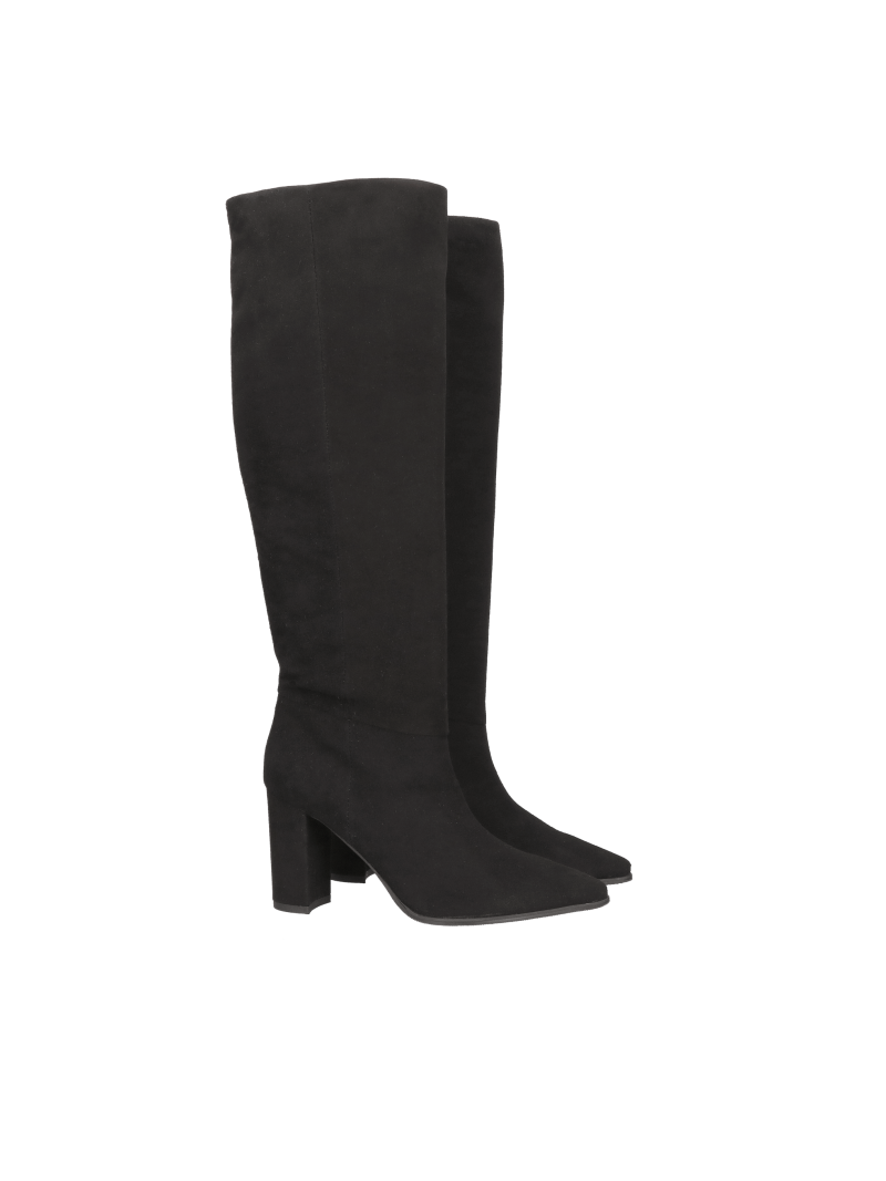 Black suede boots with a comfortable high heel and wide upper, Konopka Shoes
