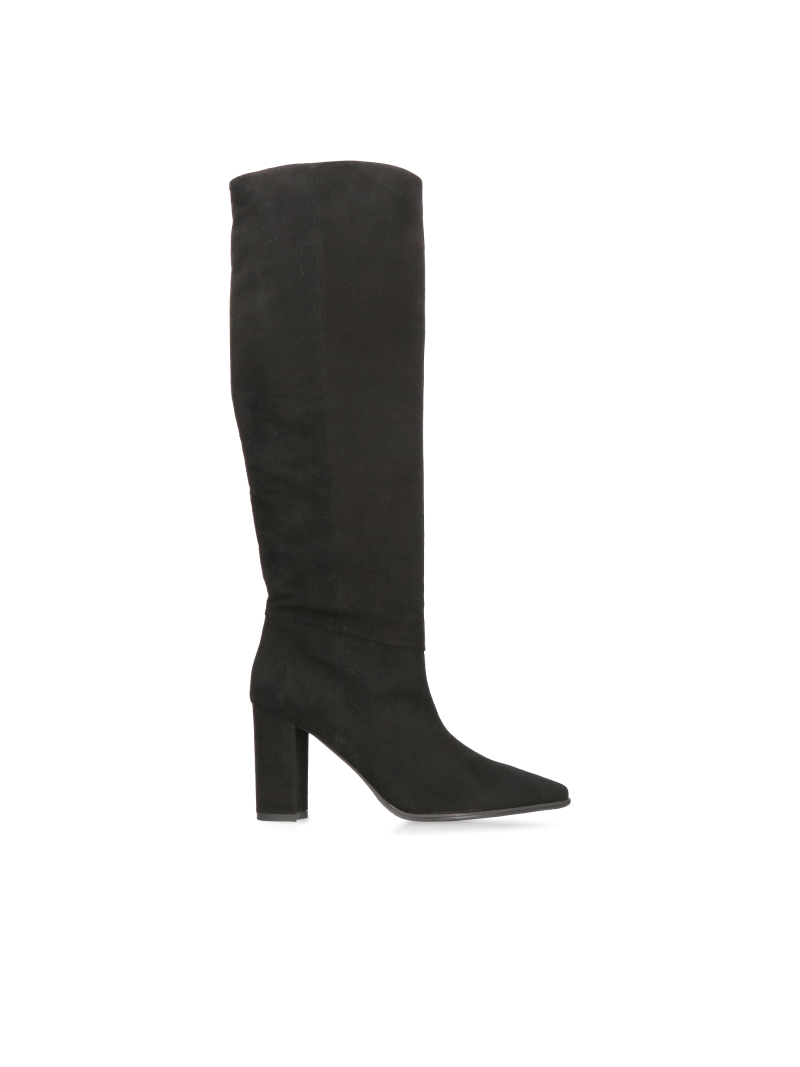 Black suede boots with a comfortable high heel and wide upper, Konopka Shoes
