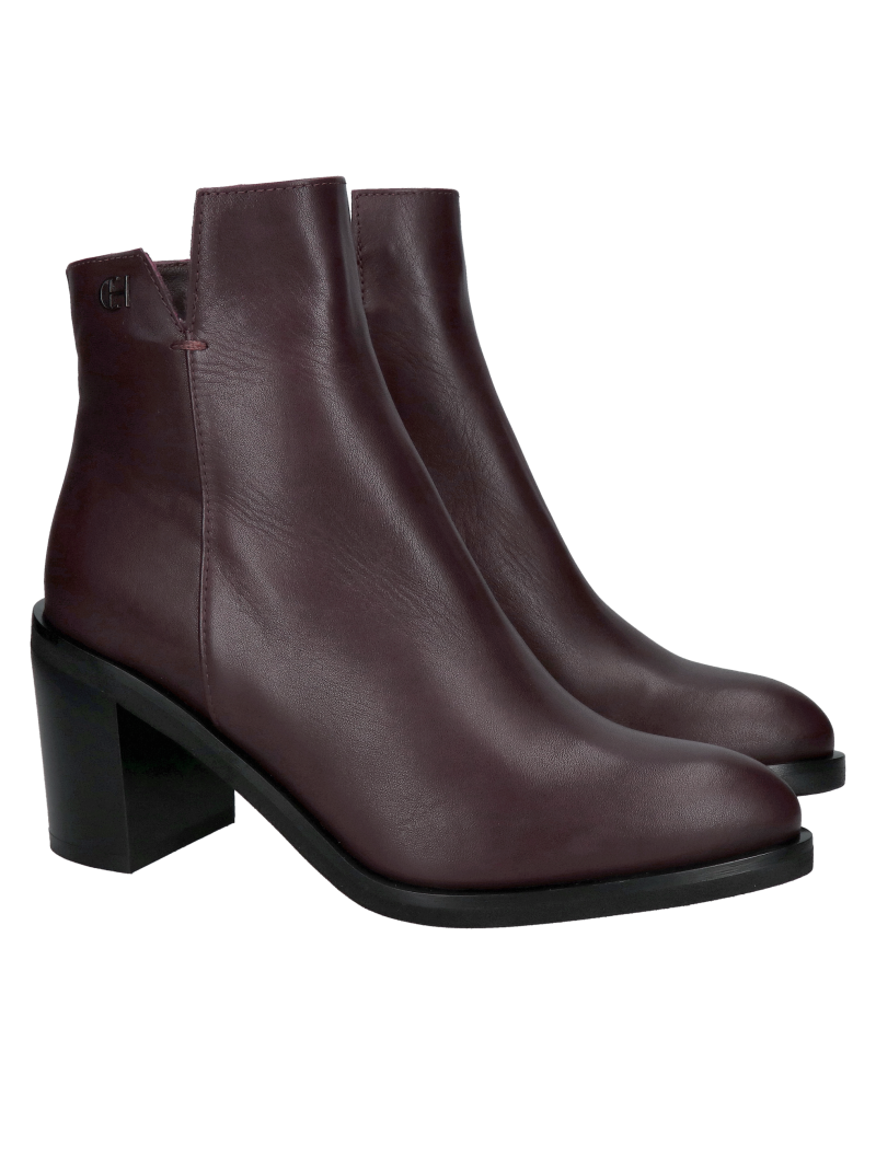 Heeled ankle boots, elegant leather boots in a dark burgundy shade of leather