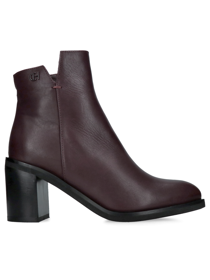 Heeled ankle boots, elegant leather boots in a dark burgundy shade of leather