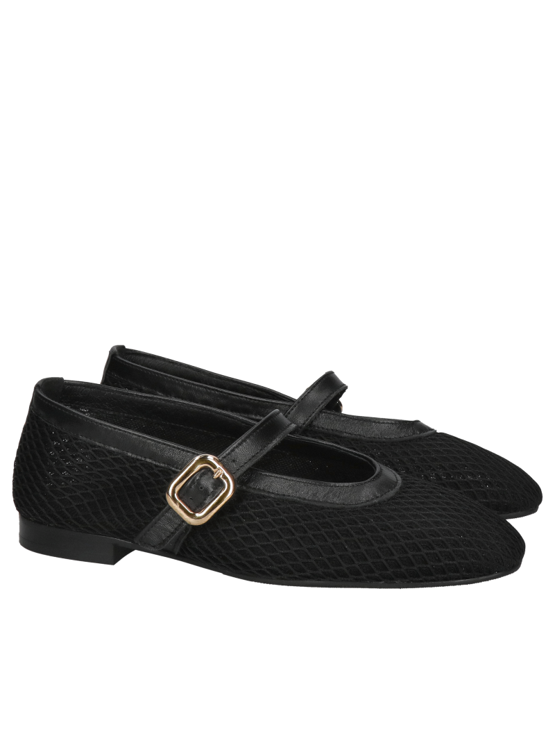 Comfortable black mesh ballerina flats with a strap, Polish manufacturer Tanex, Konopka Shoes