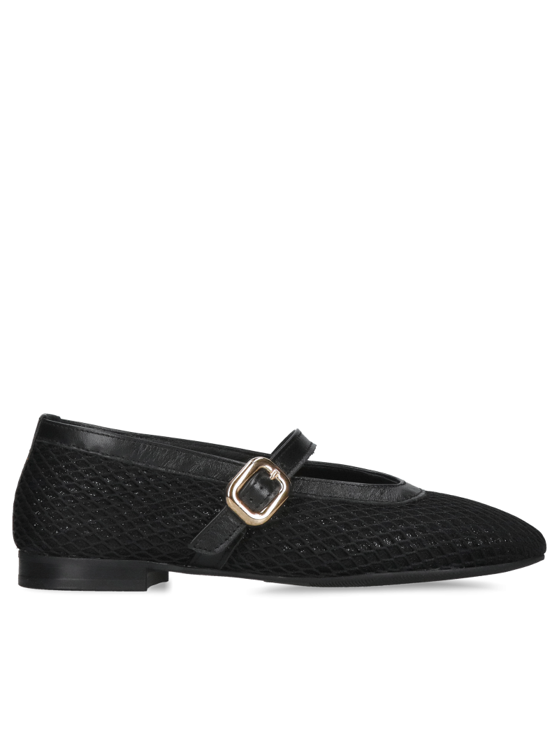Comfortable black mesh ballerina flats with a strap, Polish manufacturer Tanex, Konopka Shoes