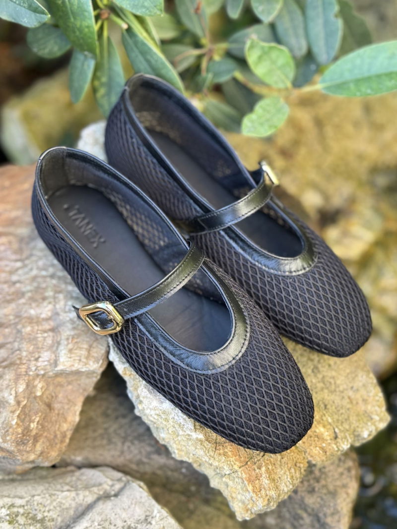 Comfortable black mesh ballerina flats with a strap, Polish manufacturer Tanex, Konopka Shoes