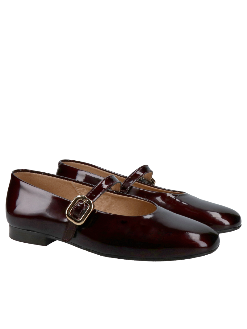 Women's leather ballerina flats, comfortable with a burgundy patent leather strap