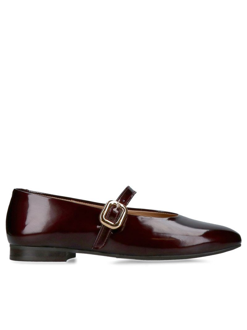 Women's leather ballerina flats, comfortable with a burgundy patent leather strap