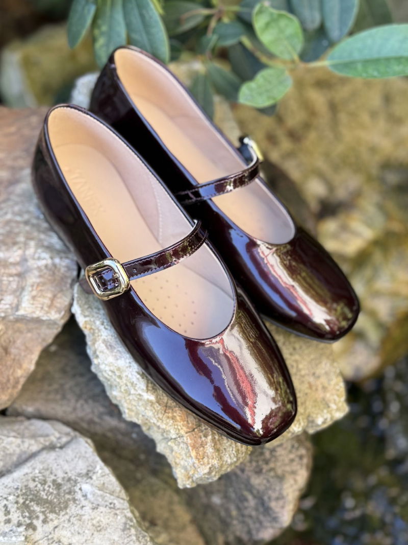 Women's leather ballerina flats, comfortable with a burgundy patent leather strap